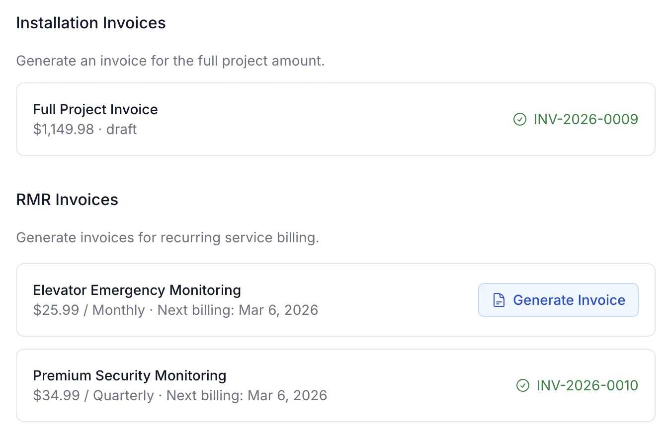 CleanOps invoice generation showing installation invoices and RMR recurring billing